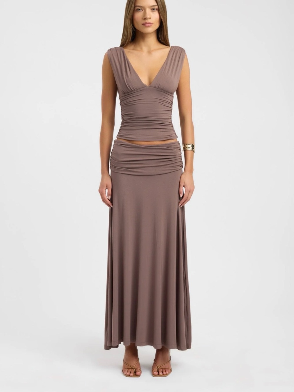 Kookai Taupe Brown Maxi Skirt - Ruched Waist